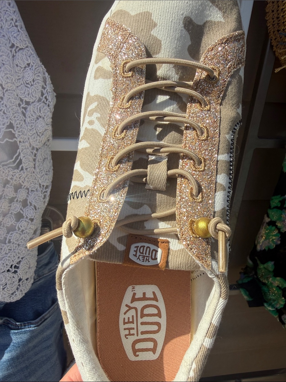Hey Dude NEW Festival Women's Tan Beige Camo Sneakers with Gold Glitter Trim 10 - Picture 3 of 13